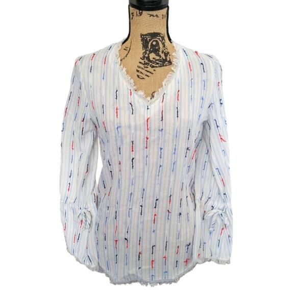 NEW XS DREW Brooklyn blouse, white with blue red stripes, bow sleeves, raw hems - Picture 2 of 6